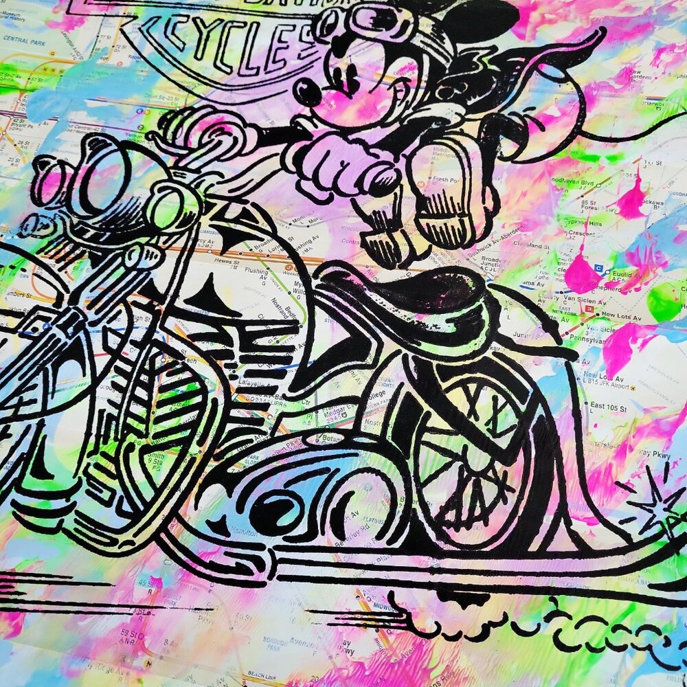 Handpainted Mickey Mouse Harley-Davidson Acrylic Art Painting on NYC Subway Map - Picture 8 of 9